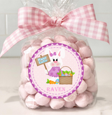 Personalized Easter bunny label with purple accents and eggs