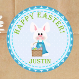 Personalized Easter bunny sticker with blue basket and eggs