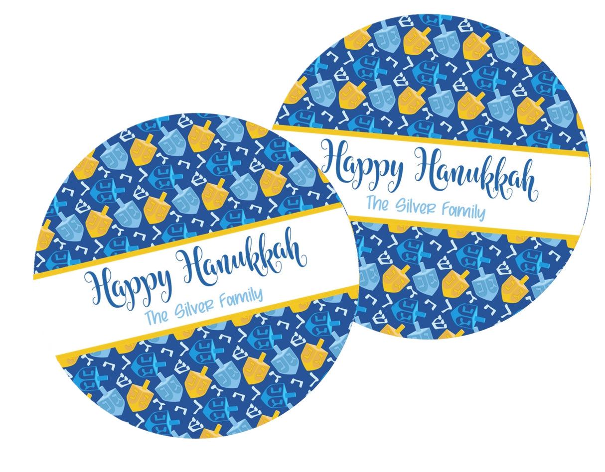 Personalized Hanukkah favor stickers with repeating dreidel design