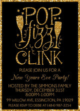 Personalized New Year's Eve party invitation with black background and gold glitter-look design