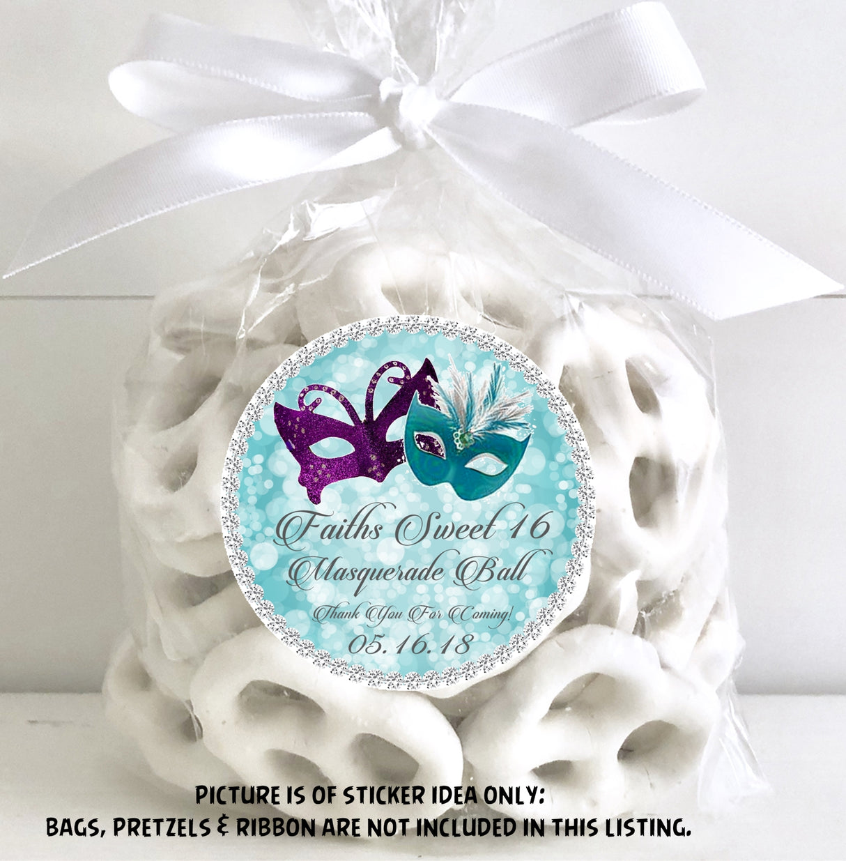 Personalized Sweet 16 masquerade sticker with two decorative masks