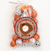 Personalized baseball party sticker with mitt and ball