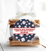 Personalized baseball sticker with red text and baseballs background