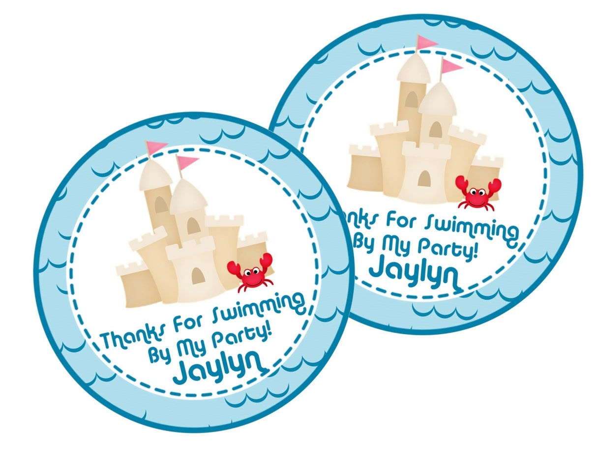 Personalized beach party favor label with sandcastle design