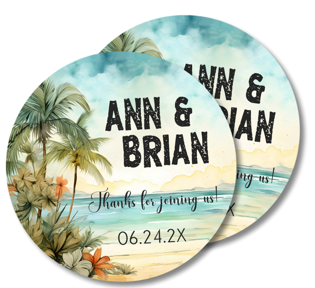 Personalized beach wedding label with names and date