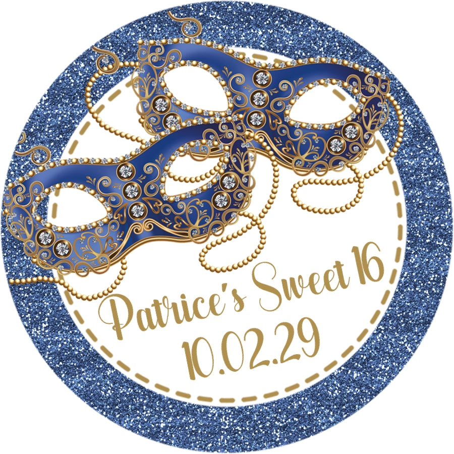 Personalized blue and gold masquerade mask label