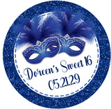 Personalized blue masquerade Sweet 16 party favor label