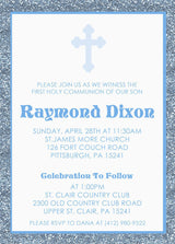 Personalized boy first holy communion invitation with blue typography