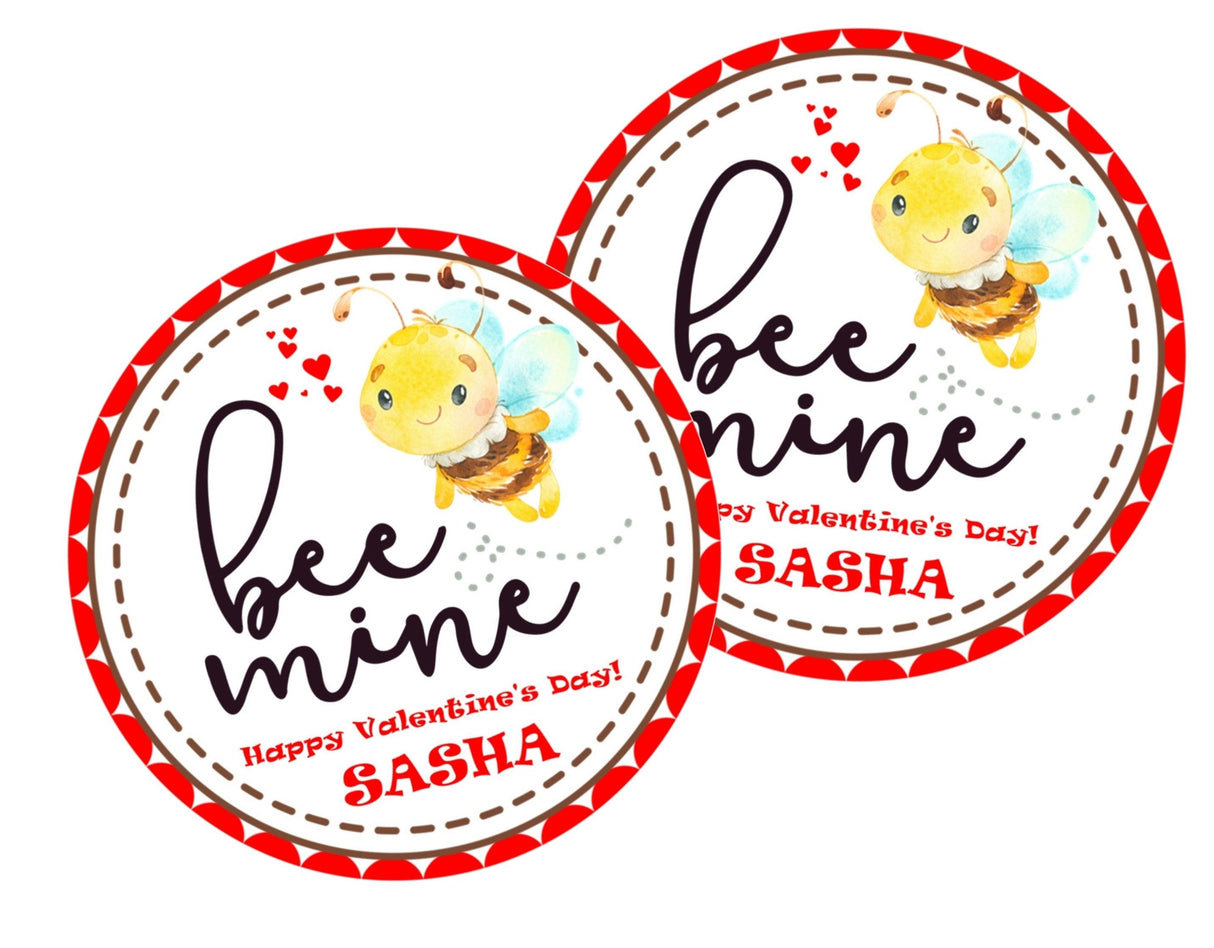 Personalized bumblebee Valentine label with hearts