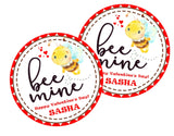 Personalized bumblebee Valentine label with hearts