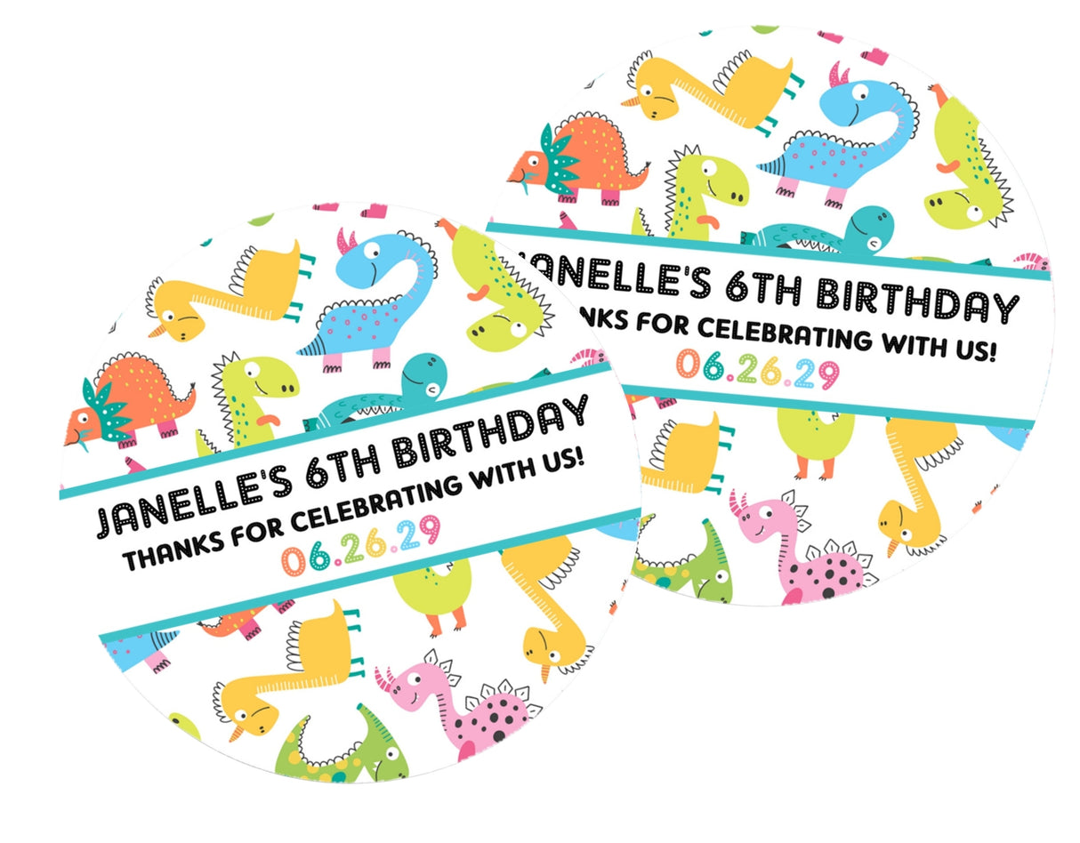 Personalized colorful dinosaur party label