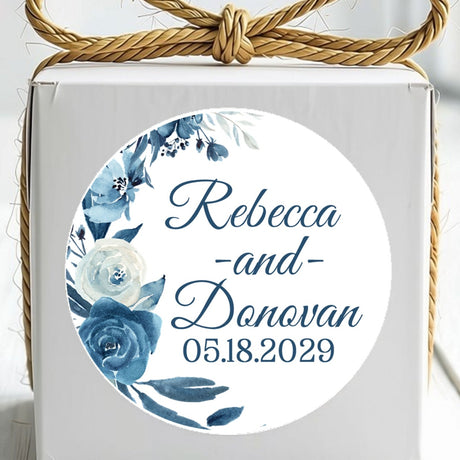 Personalized denim blue floral wedding stickers with names and wedding date.