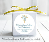 Personalized floral Communion favor label in blue and gold