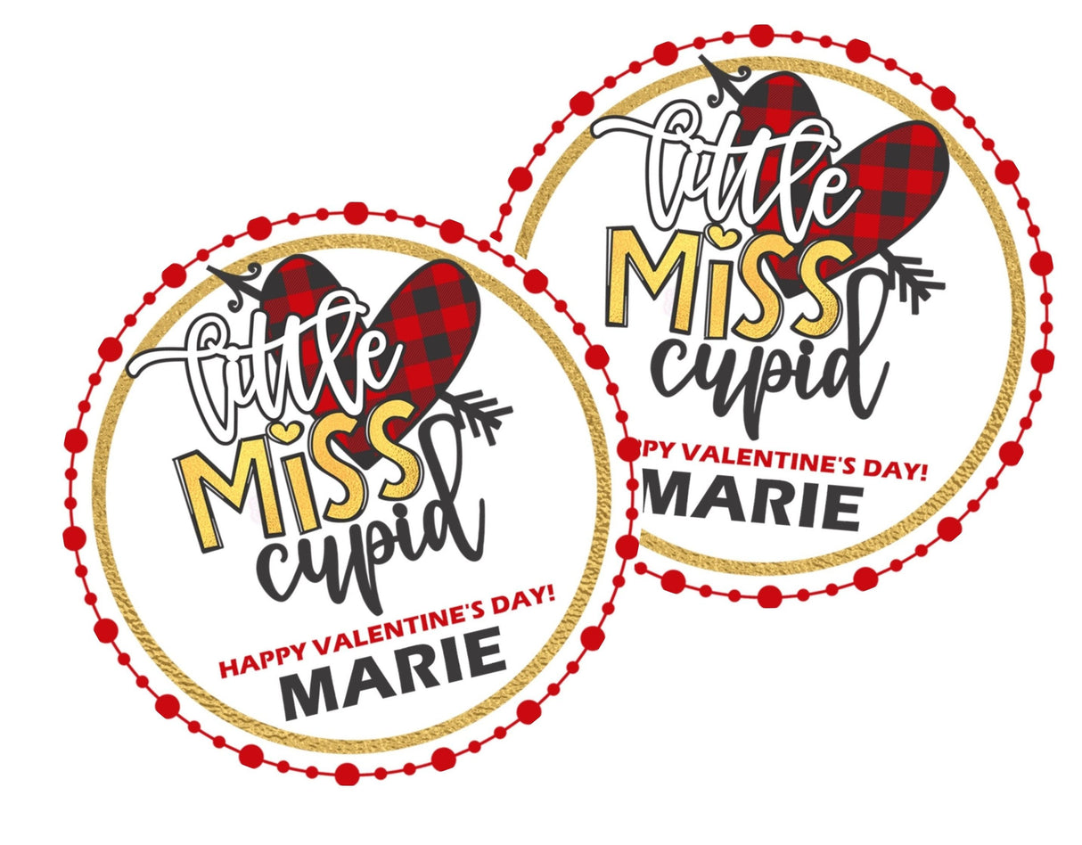 Personalized girl Cupid Valentine label with red and gold accents