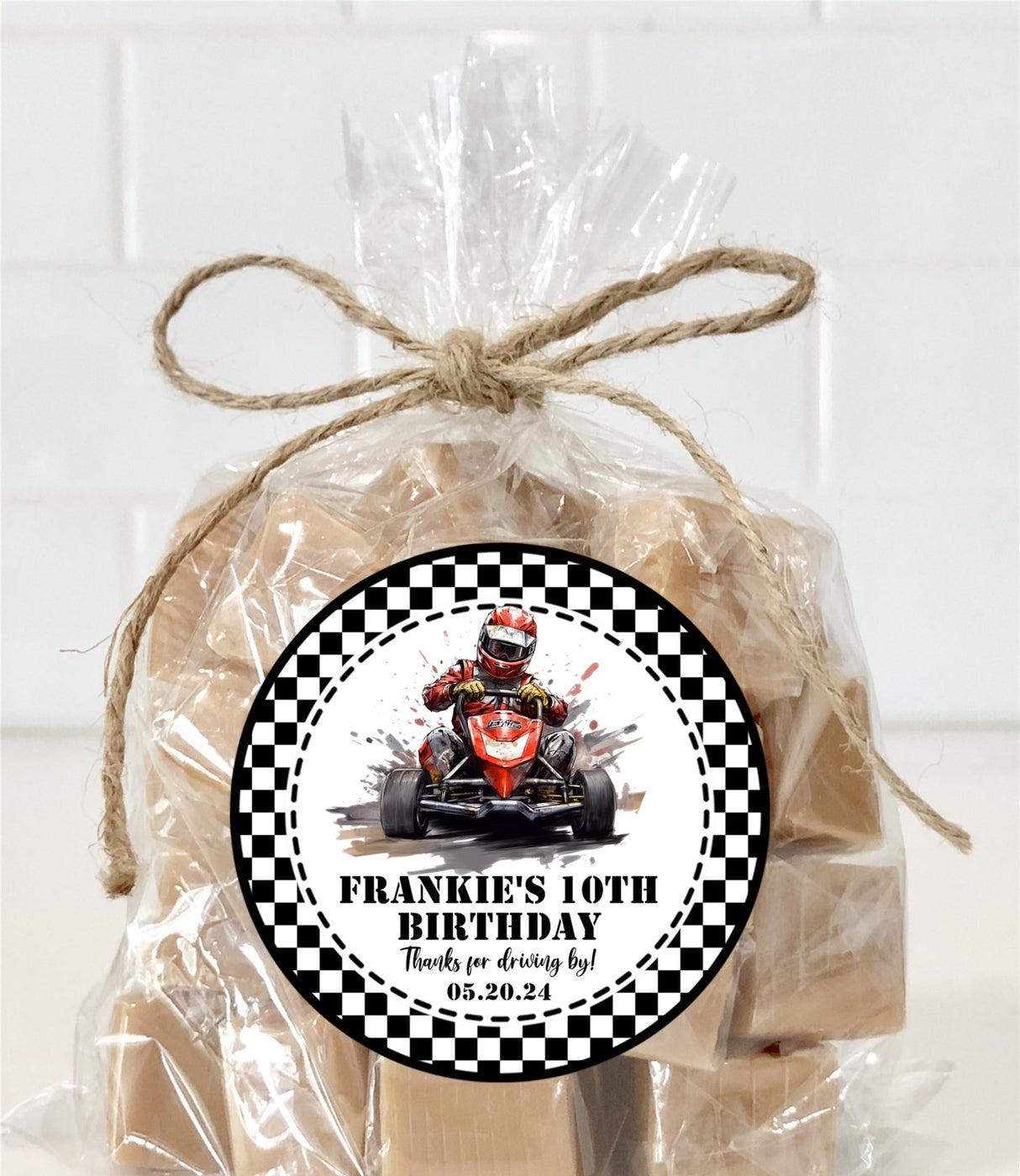 Personalized go-kart party favor label in red and black