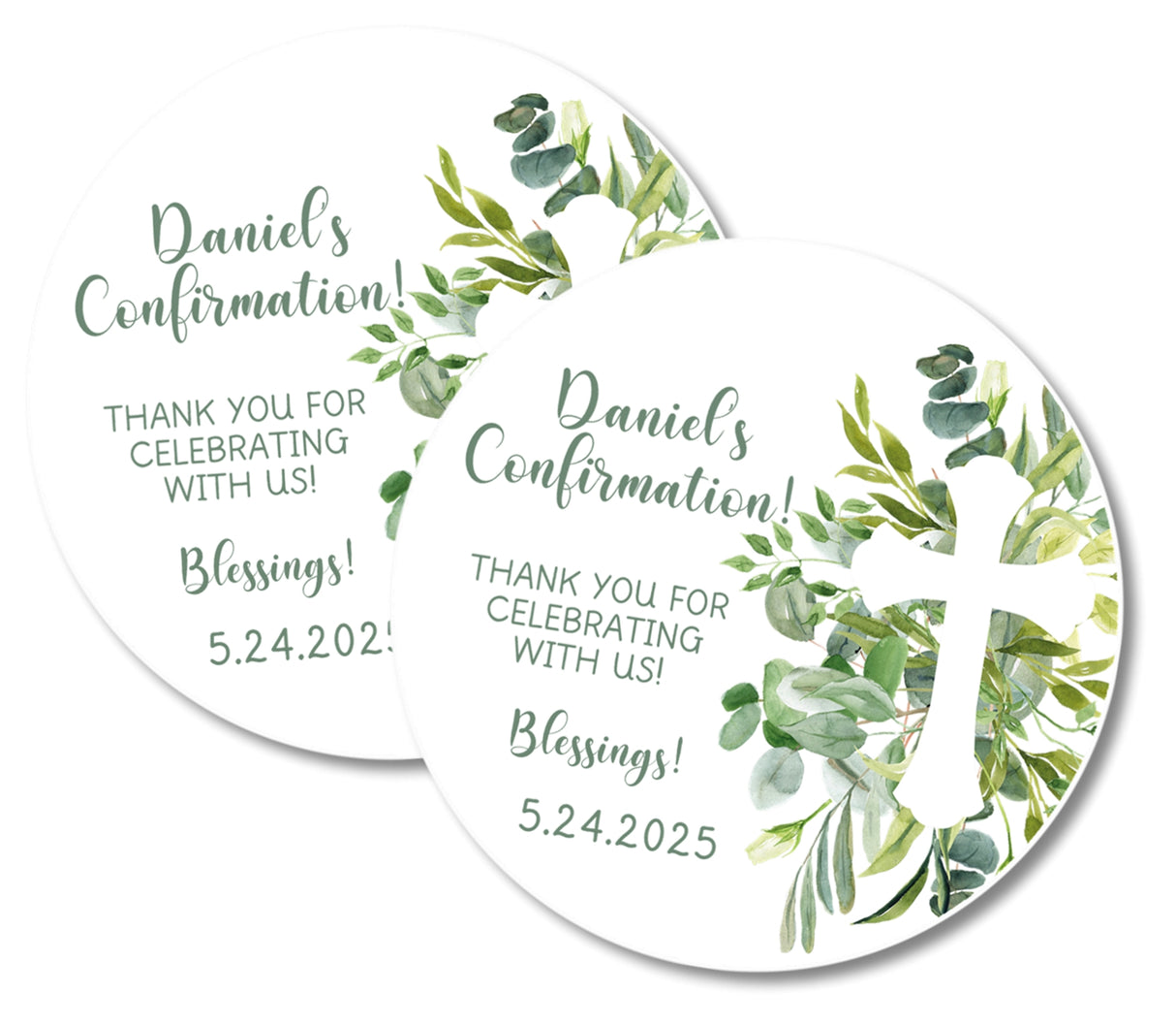 Personalized greenery Confirmation favor label with cross