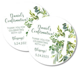 Personalized greenery Confirmation favor label with cross
