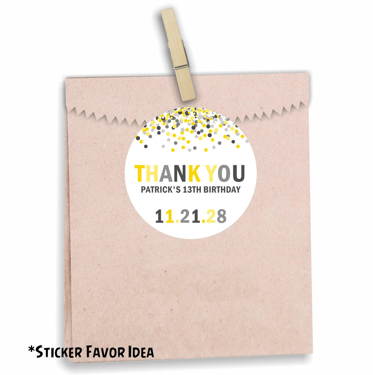 Personalized grey and yellow sprinkle confetti sticker