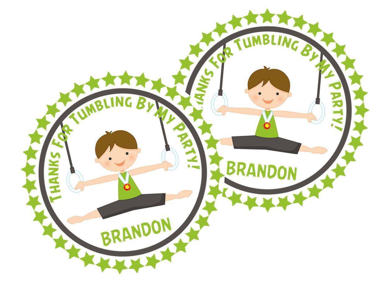 Personalized gymnast rings party favor labels in green and gray