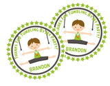 Personalized gymnast rings party favor labels in green and gray