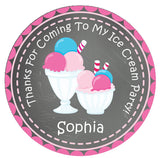 Personalized ice cream party favor sticker with pastel scoops and striped straws
