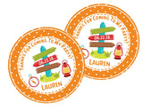 Personalized outdoor adventure birthday label with wooden sign