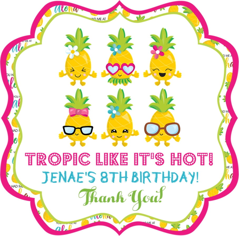 Personalized pineapple birthday sticker with name and tropical theme