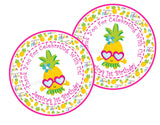 Personalized pineapple party favor label with Aloha background