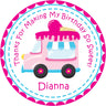 Personalized pink ice cream party sticker design for favor bags and boxes.