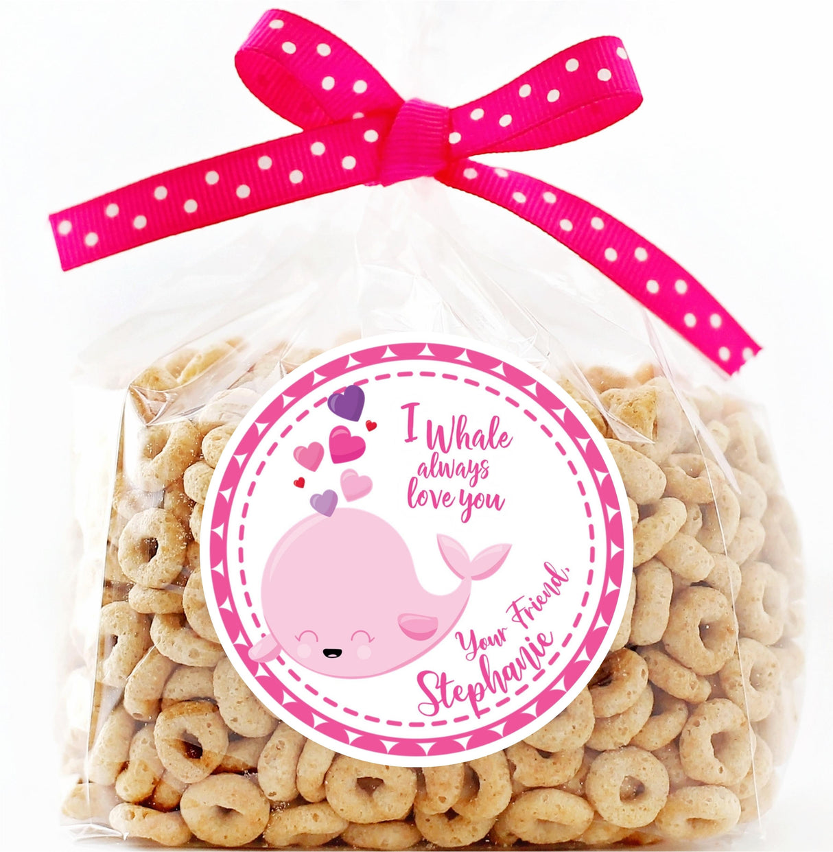 Personalized pink whale Valentine sticker for kids