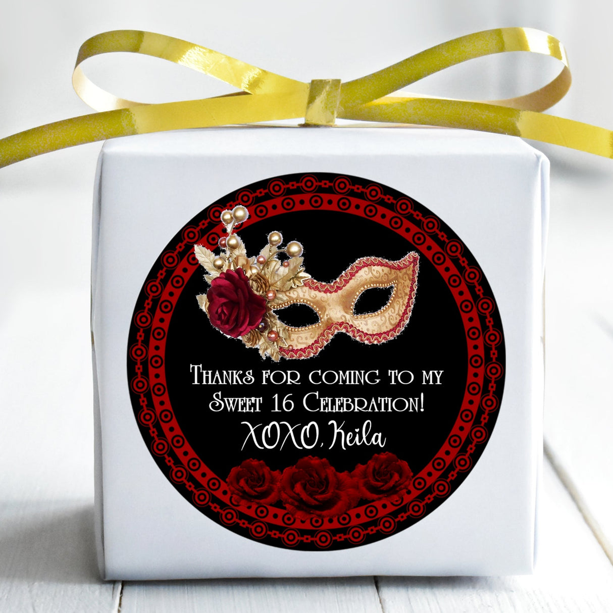 Personalized red mask party favor sticker

