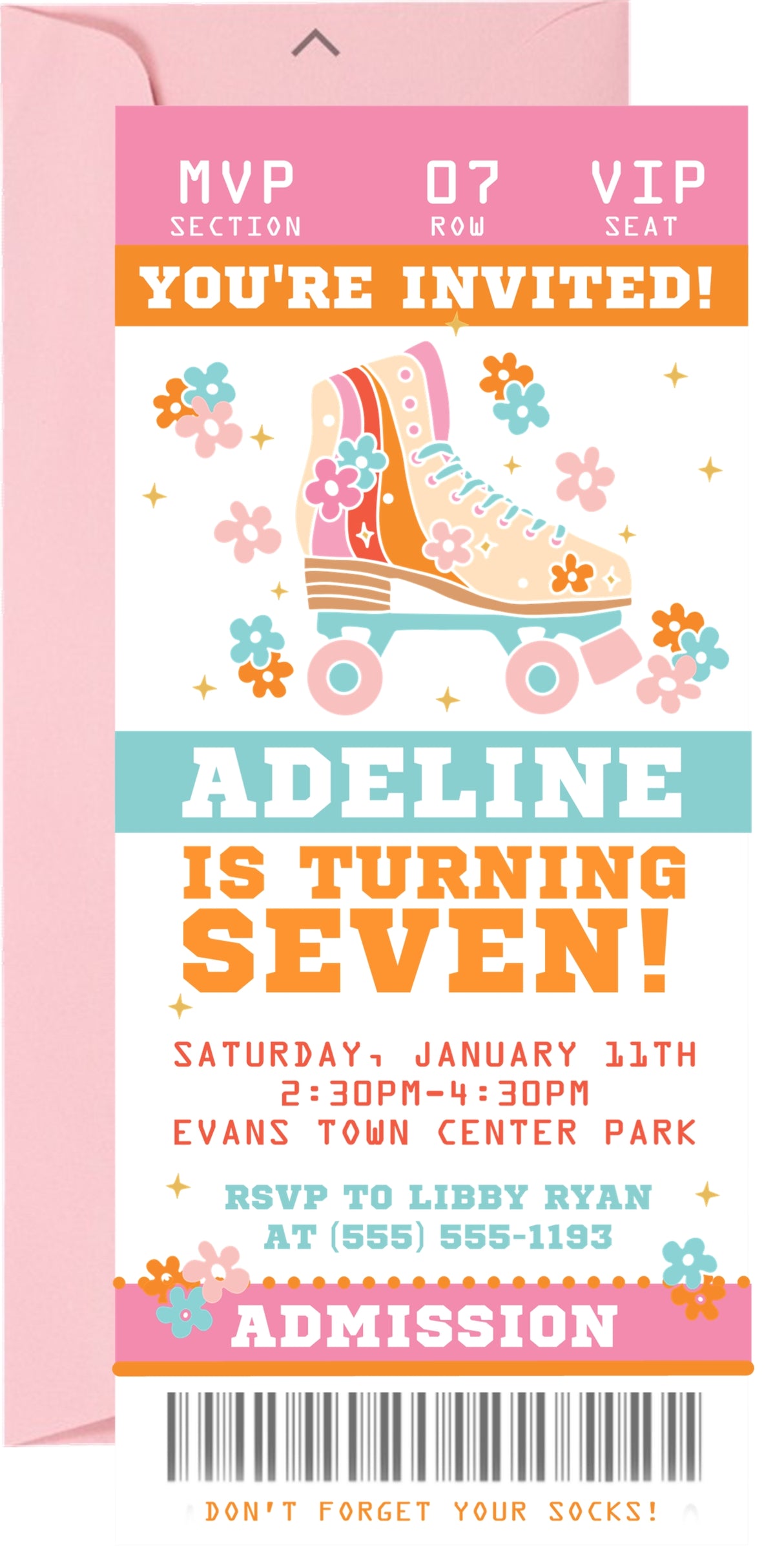 Personalized roller skate ticket invitation featuring a colorful roller skate and floral accents