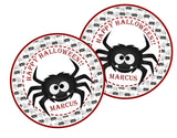 Personalized spider web Halloween favor label with bold spooky spider design