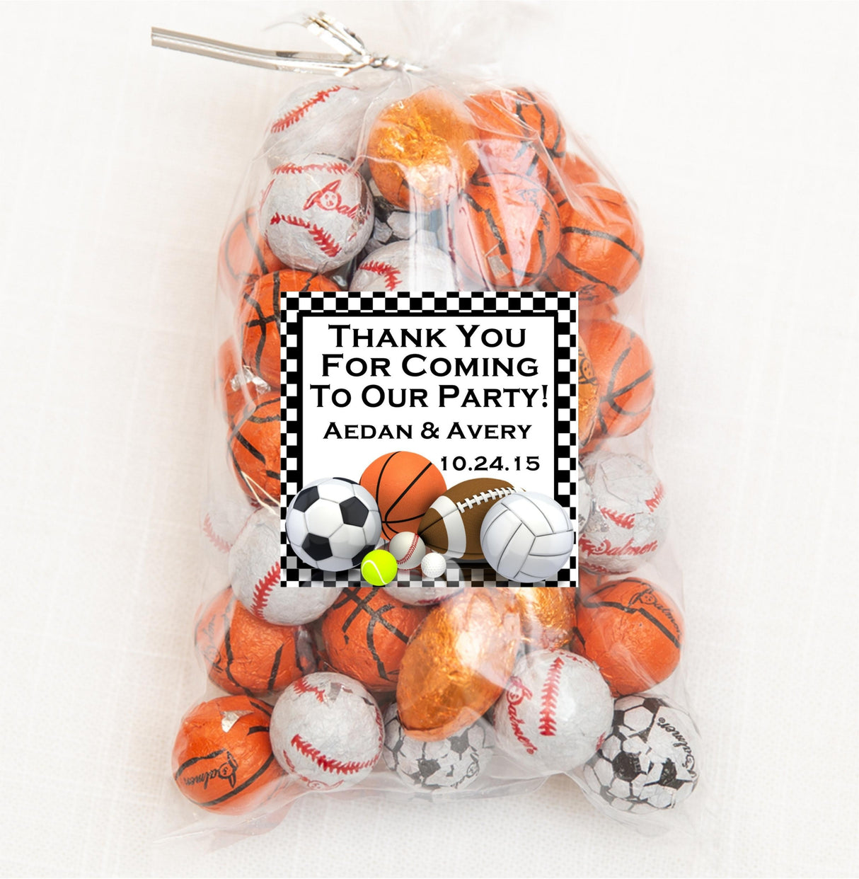 Personalized sports theme label featuring name and date for birthday party favors