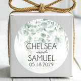 Personalized watercolor eucalyptus wedding stickers with names and wedding date.