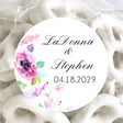 Personalized watercolor pink floral wedding stickers with names and wedding date.