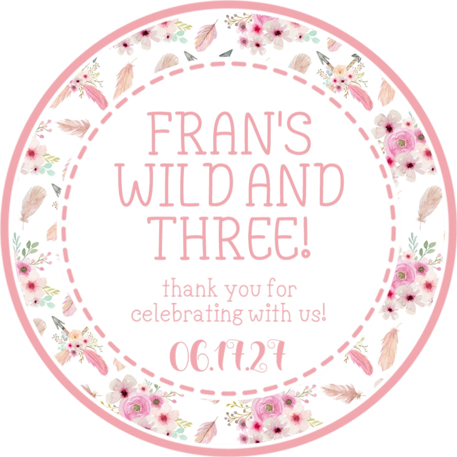 Personalized wild and three party favor sticker
