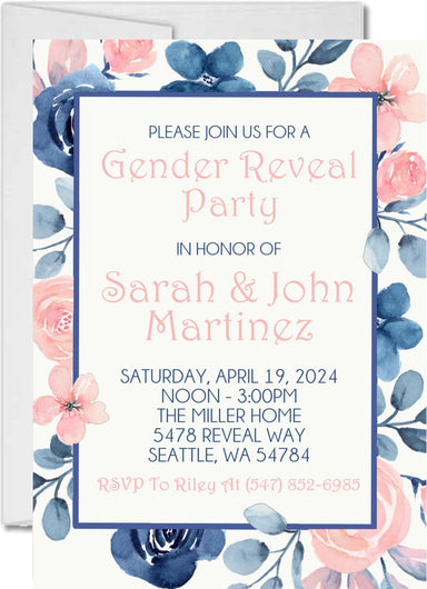 Pink And Blue Floral Gender Reveal Invitations