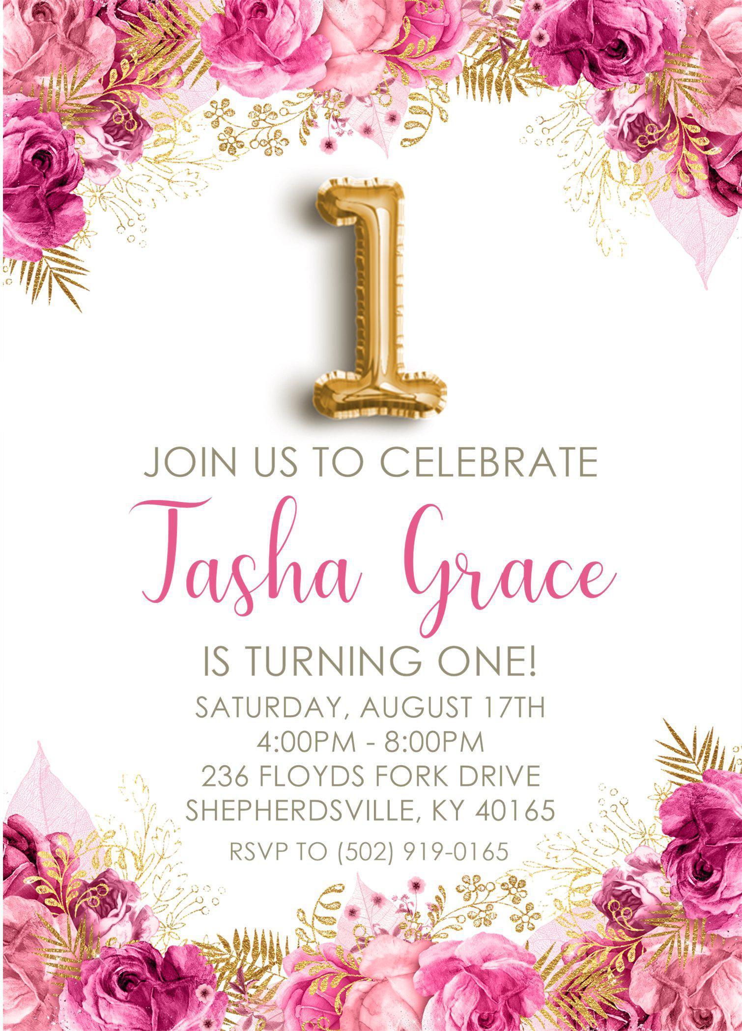 Pink And Gold 1st Birthday Party Invitations