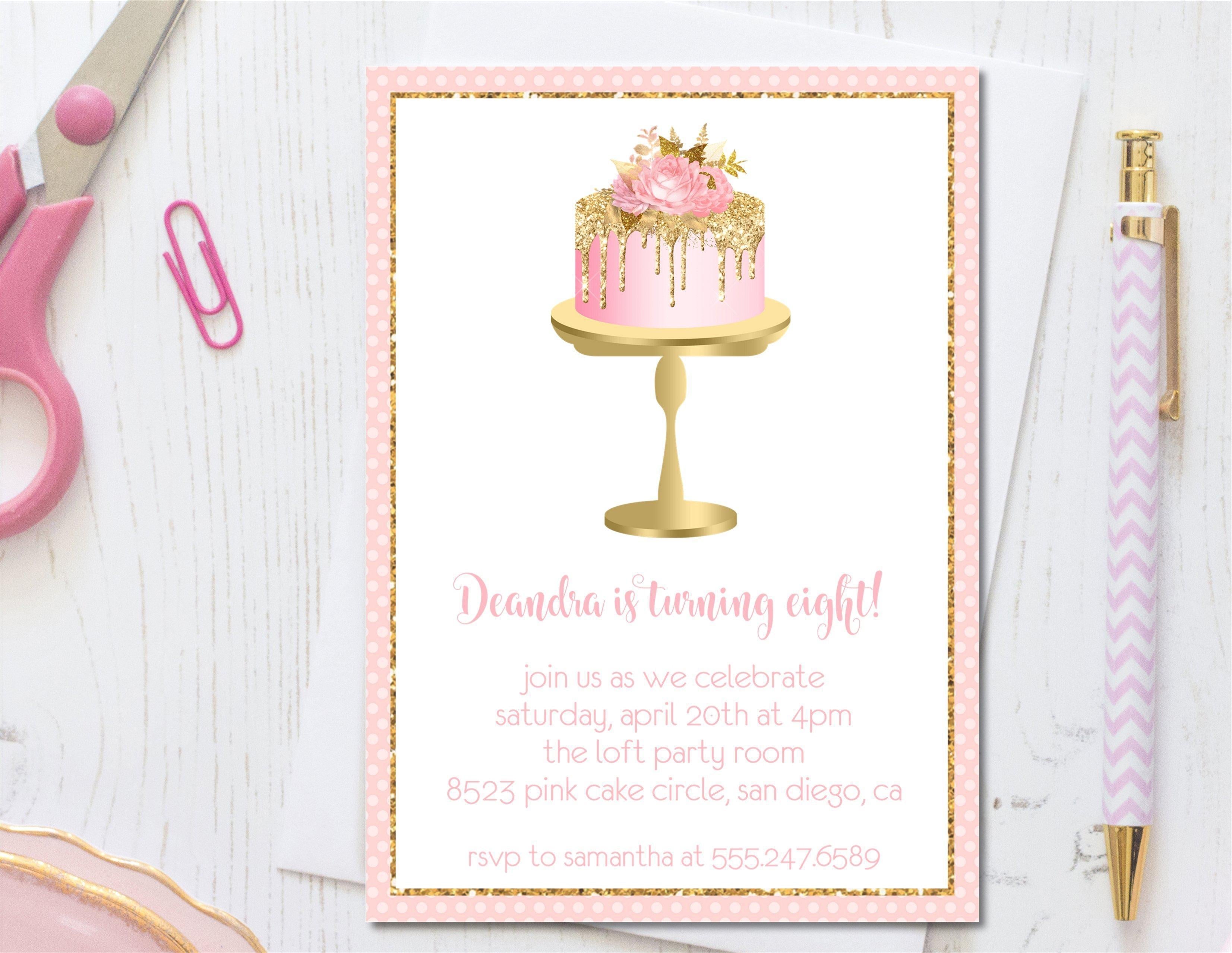 Pink And Gold Cake Birthday Party Invitations