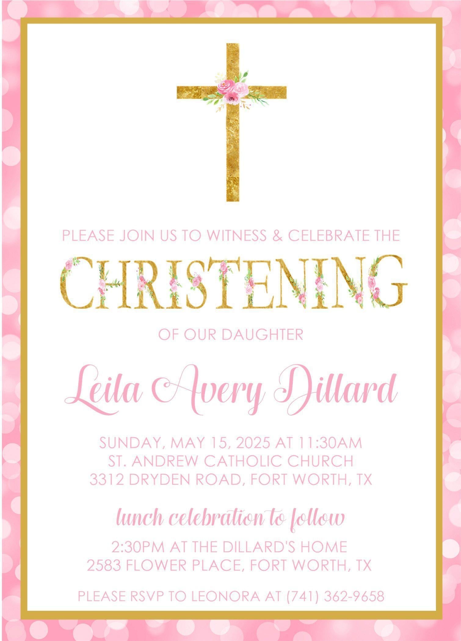Pink And Gold Christening Invitations