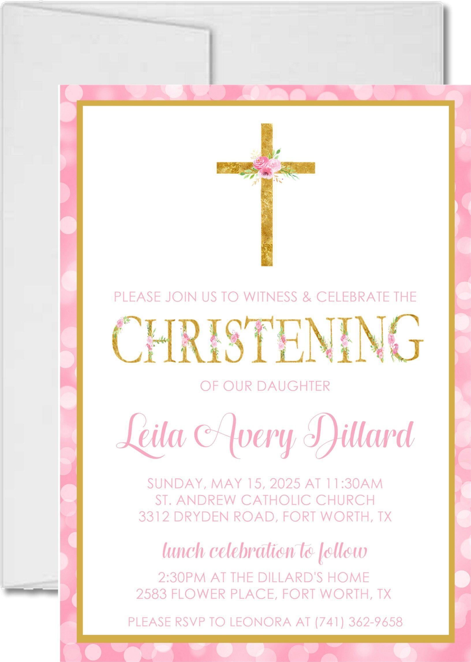 Pink And Gold Christening Invitations