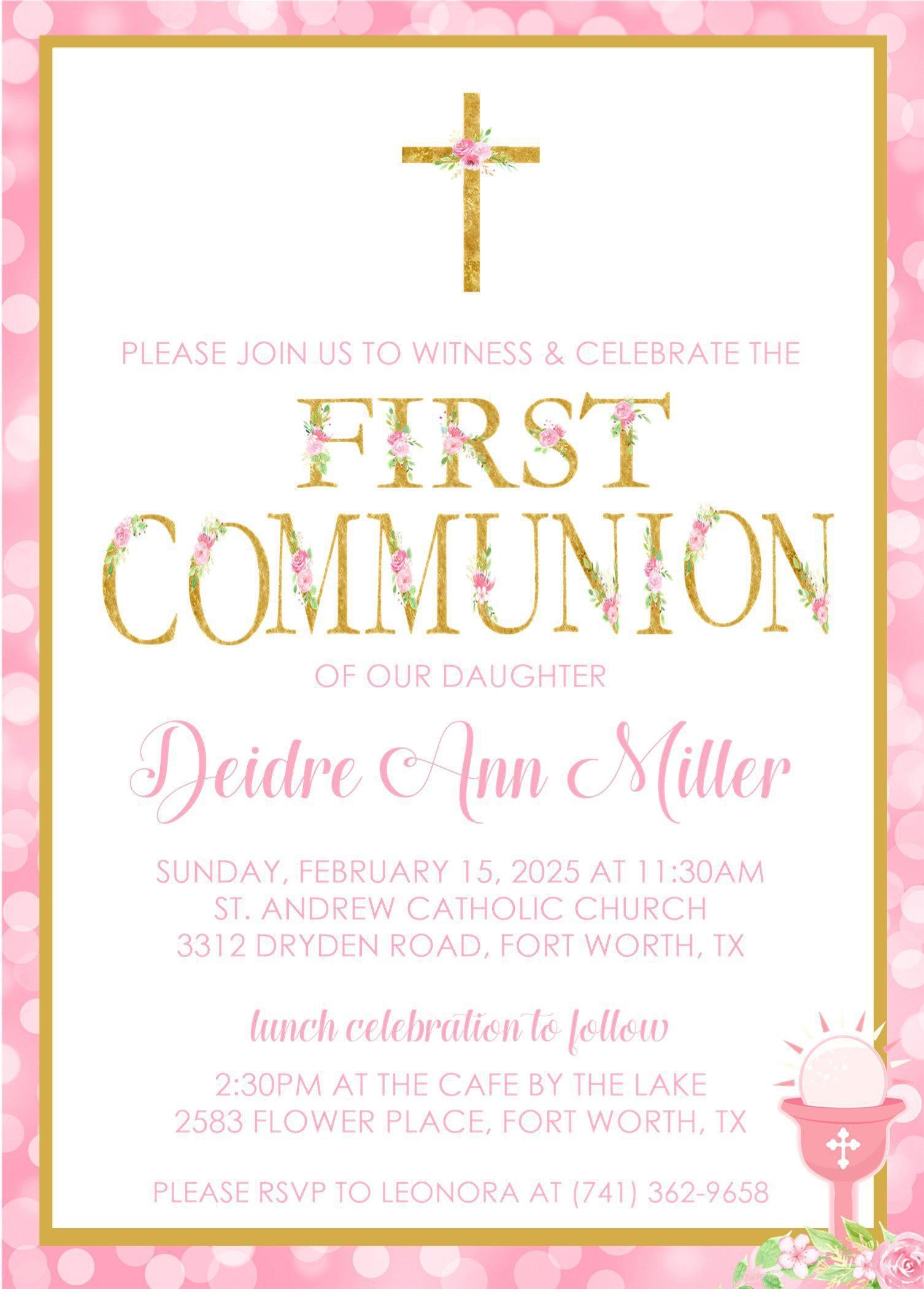 Pink And Gold First Communion Invitations