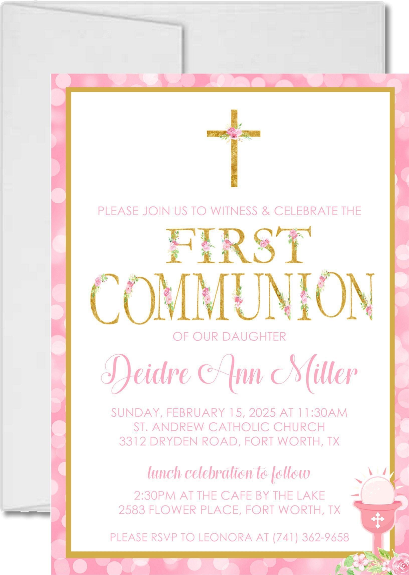 Pink And Gold First Communion Invitations