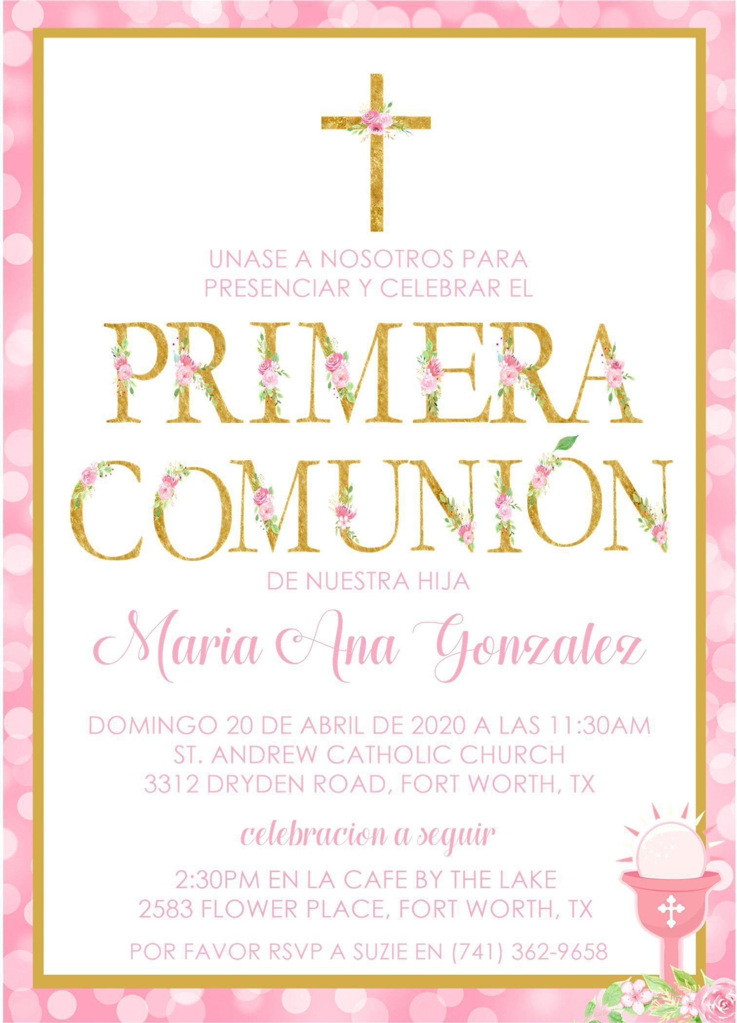 Pink And Gold Spanish First Communion Invitations