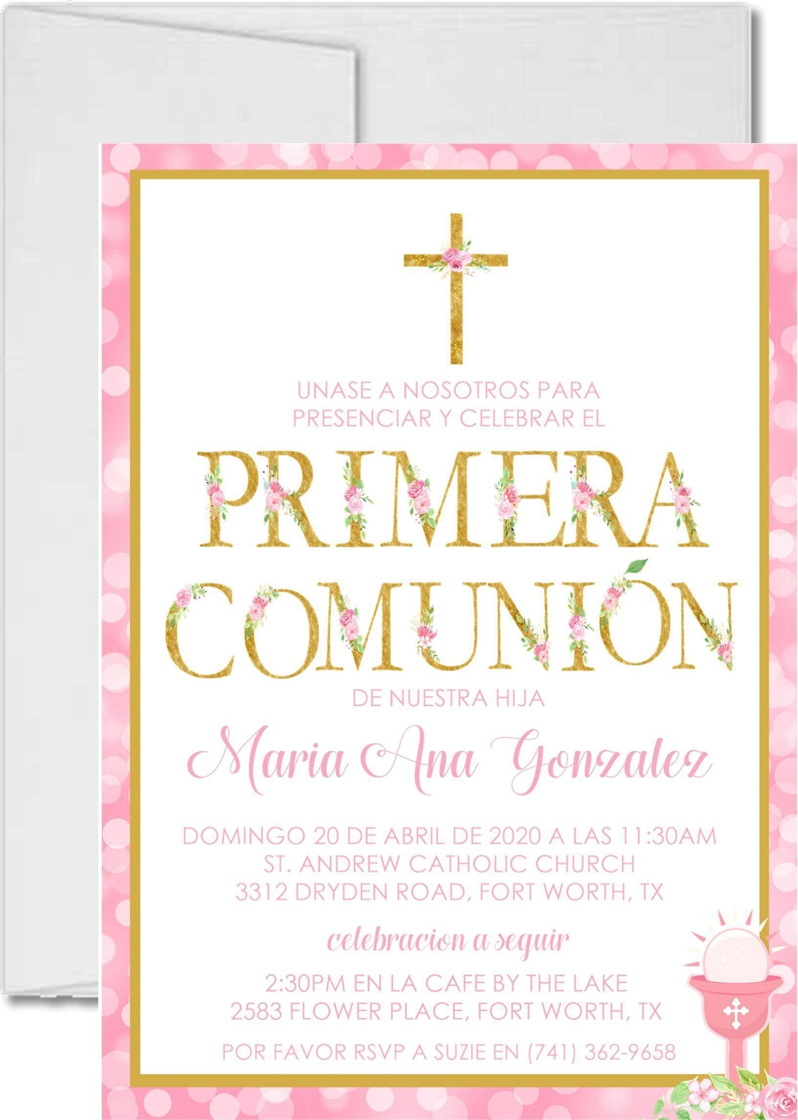 Pink And Gold Spanish First Communion Invitations