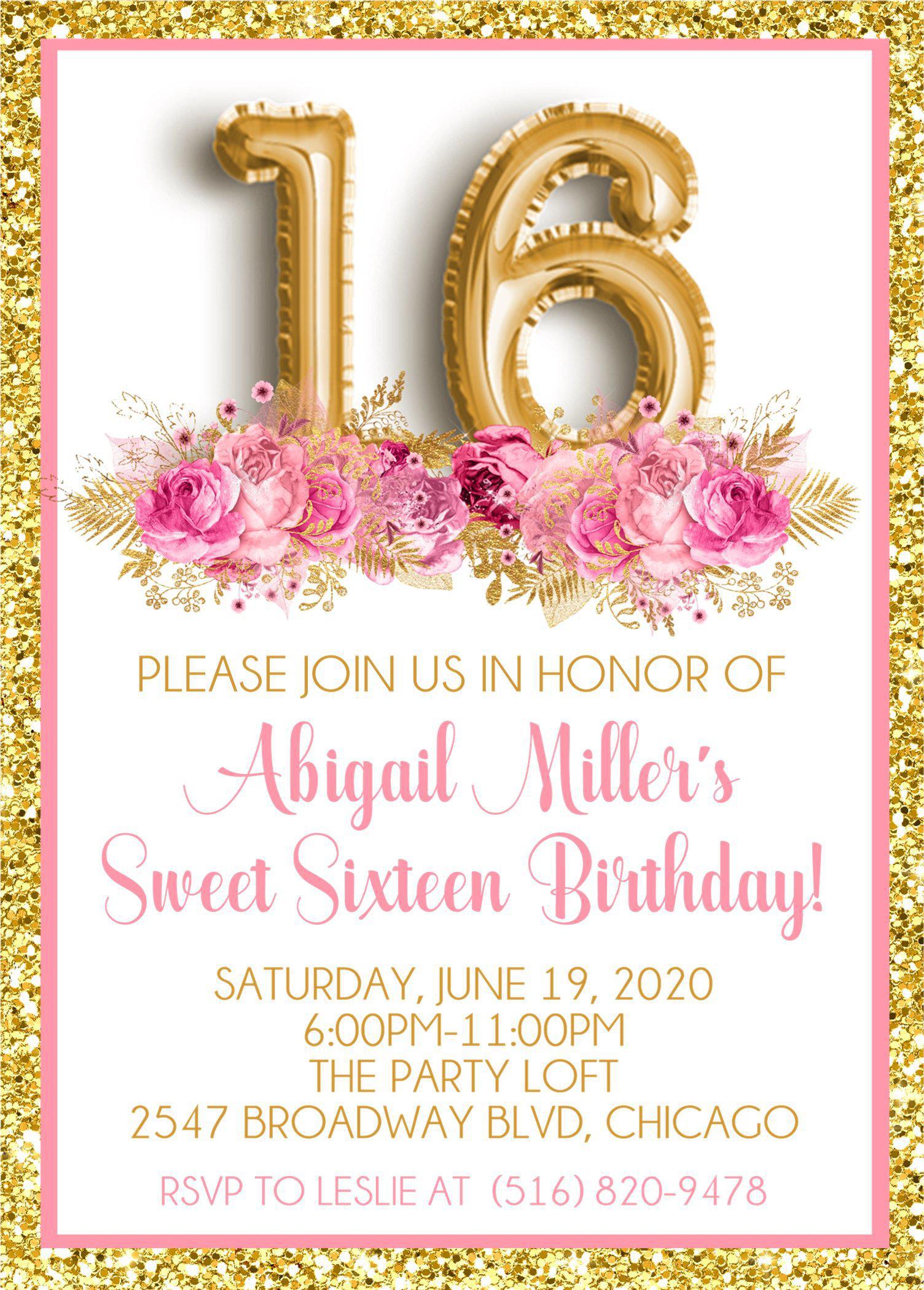 Pink And Gold Teen Birthday Party Invitations