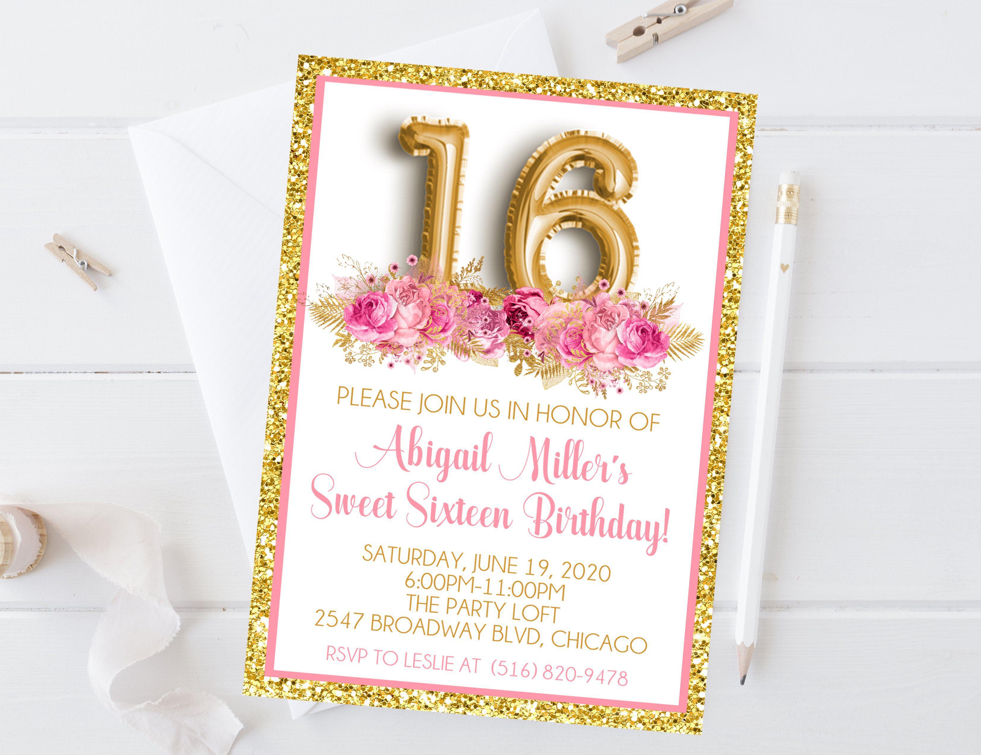 Pink And Gold Teen Birthday Party Invitations