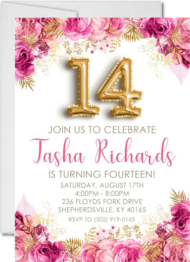 Pink And Gold Teen Birthday Party Invitations