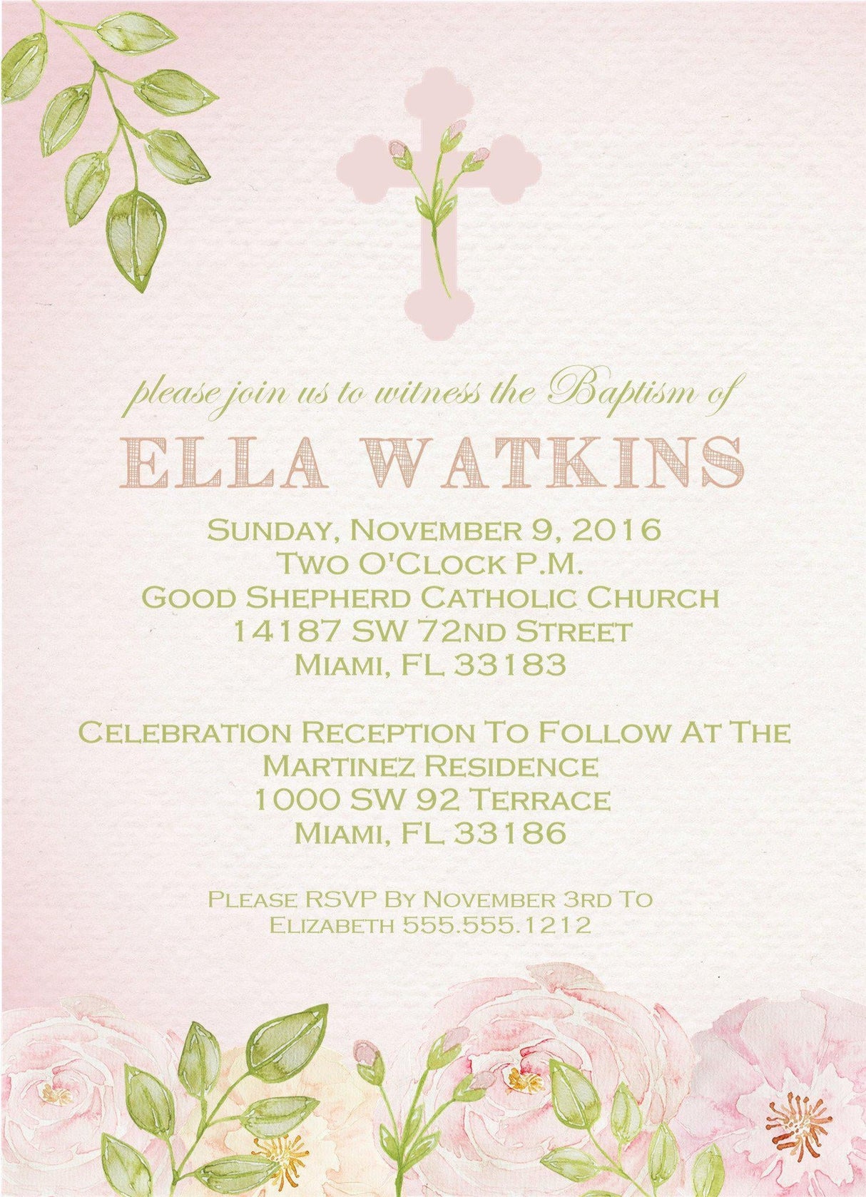Pink And Green Baptism Invitations